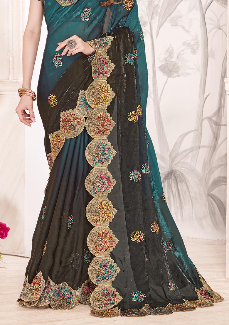 Turquoise Sequence Work Silk Saree Set - Indya