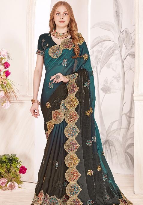 Turquoise Sequence Work Silk Saree Set