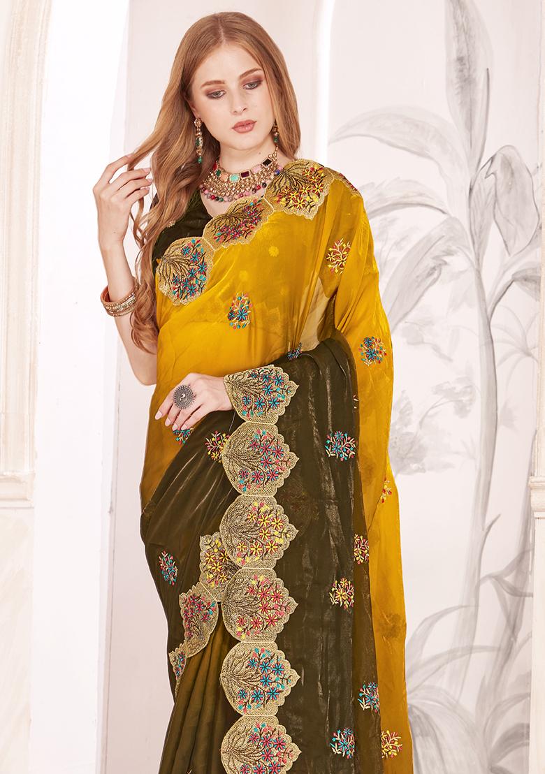 Mustard Sequence Work Silk Saree Set - Indya