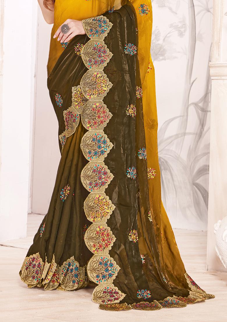 Mustard Sequence Work Silk Saree Set - Indya