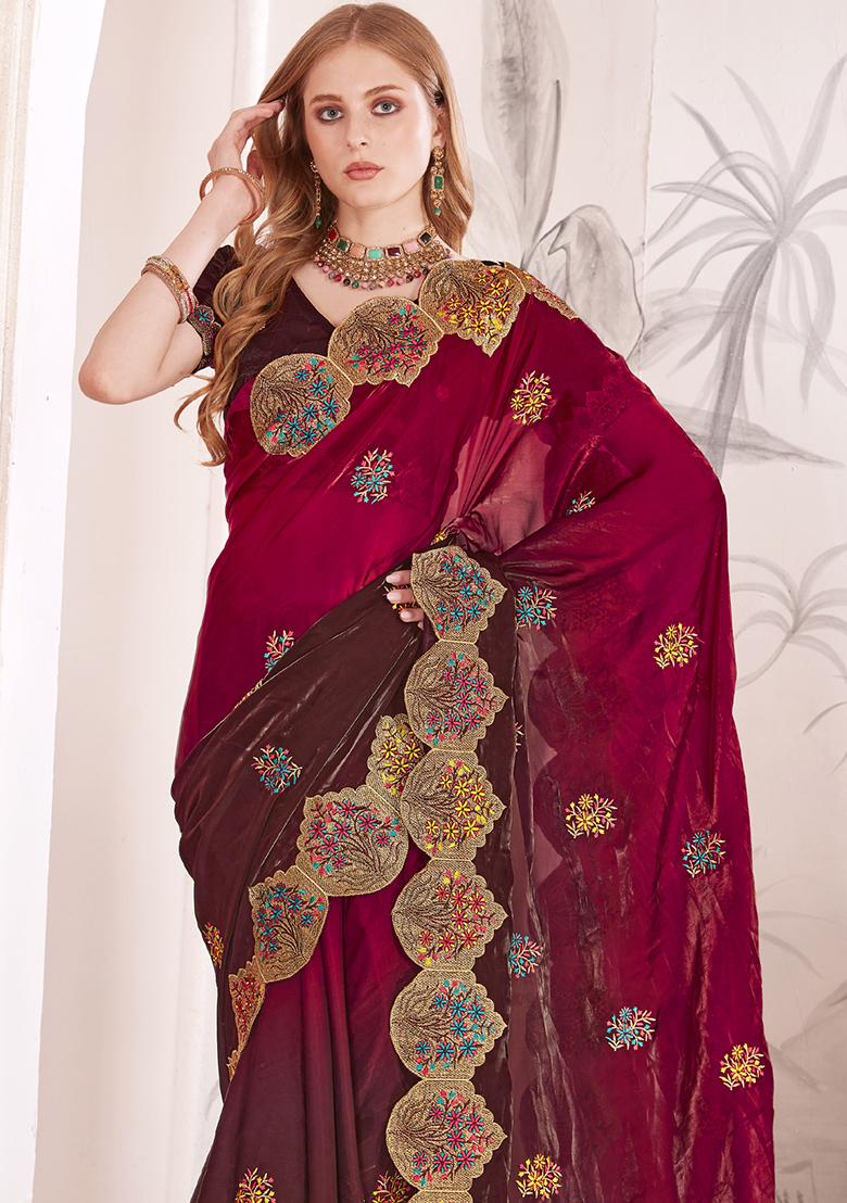 Magenta Sequence Work Silk Saree Set - Indya