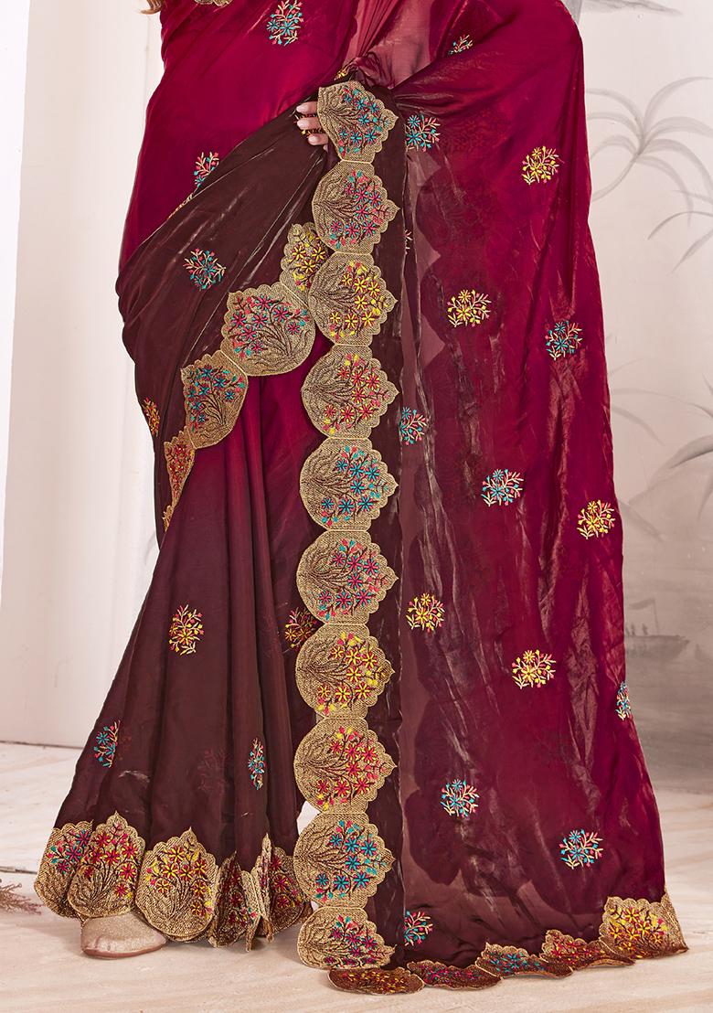 Magenta Sequence Work Silk Saree Set - Indya