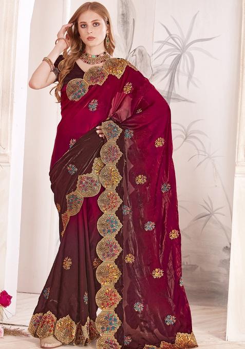 Magenta Sequence Work Silk Saree Set
