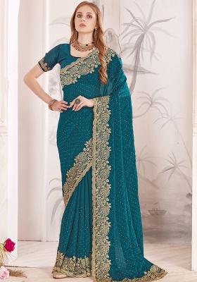 Teal Blue Sequence Work Silk Saree Set