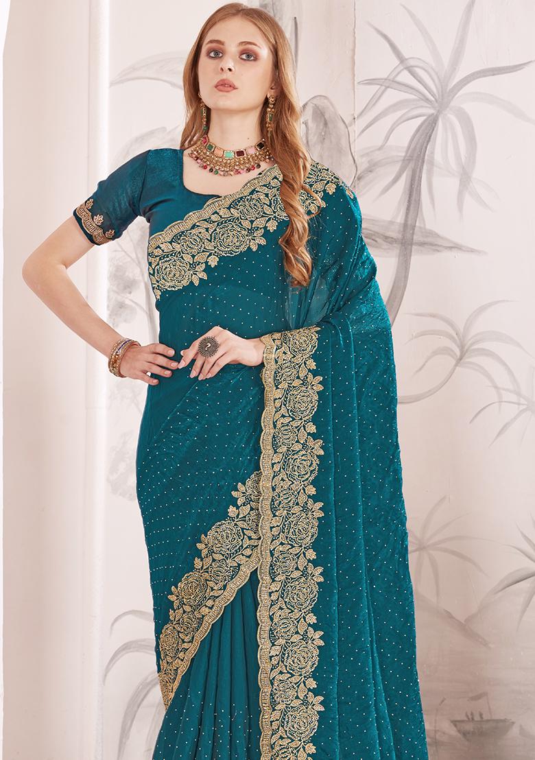 Teal Blue Sequence Work Silk Saree Set - Indya