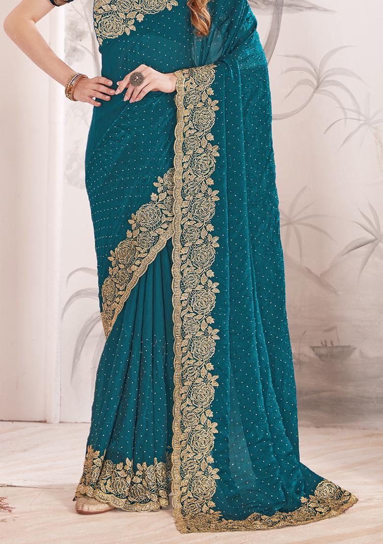 Teal Blue Sequence Work Silk Saree Set - Indya