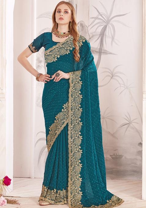 Teal Blue Sequence Work Silk Saree Set