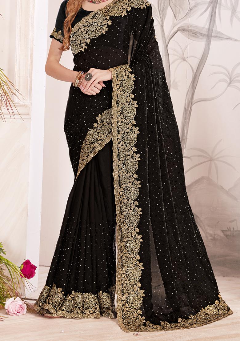 Black Sequence Work Silk Saree Set - Indya