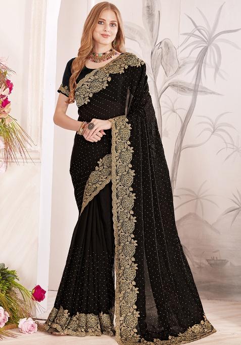 Black Sequence Work Silk Saree Set