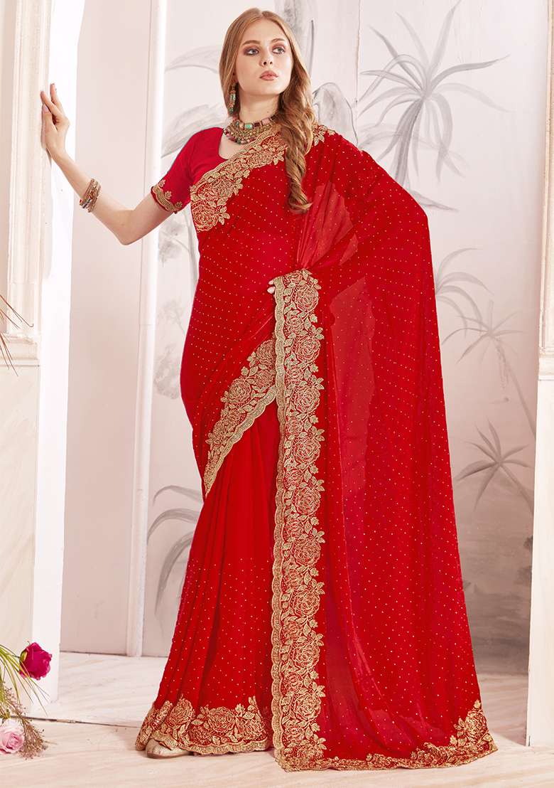 Red Sequence Work Silk Blend Saree Set for Diwali and Festive Wear - Indya