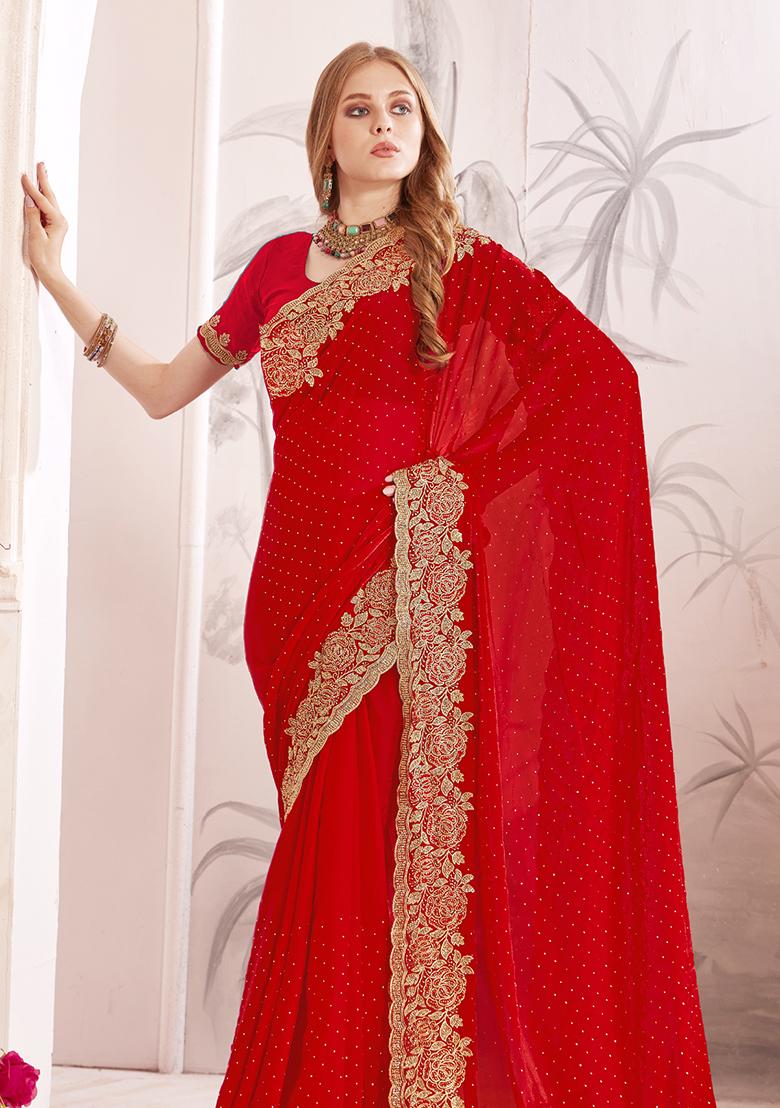 Red Sequence Work Silk Saree Set - Indya