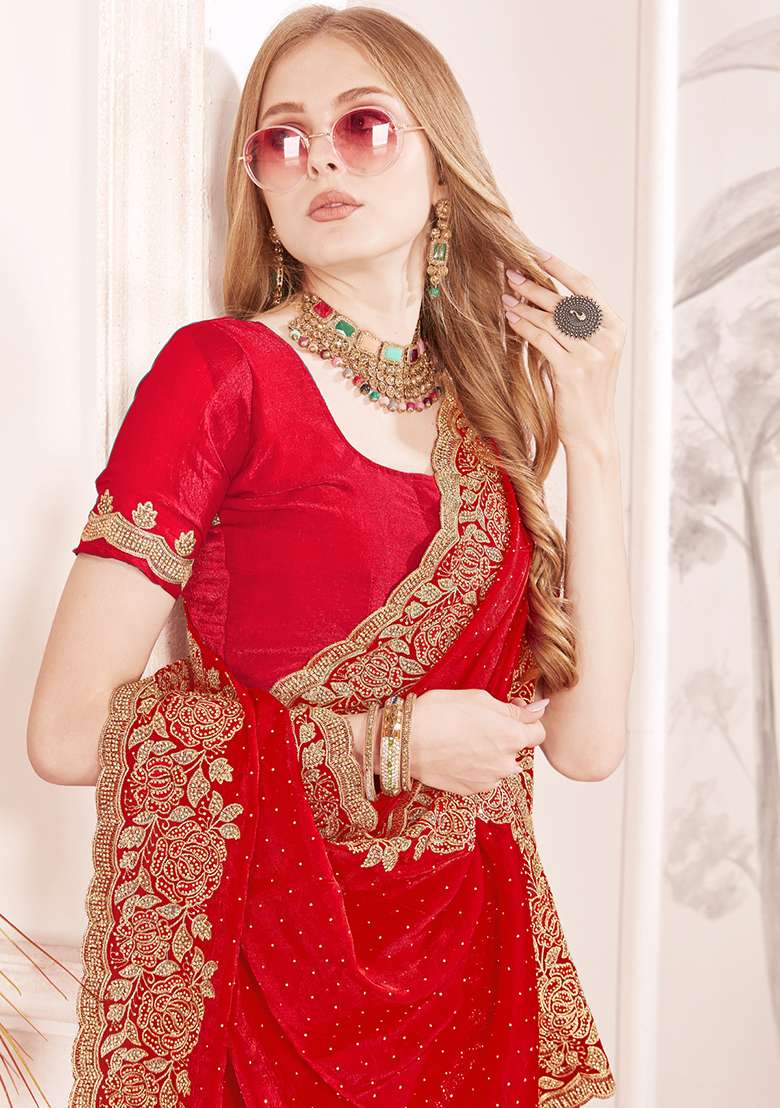 Red Sequence Work Silk Blend Saree Set for Diwali and Festive Wear - Indya