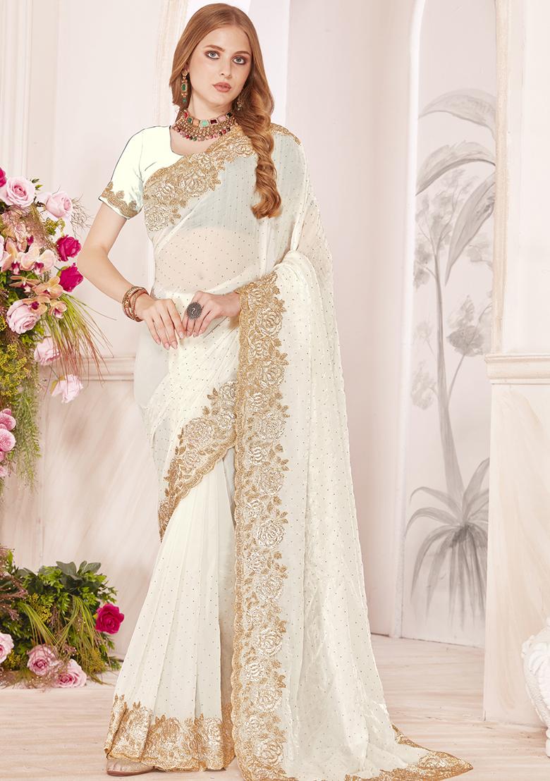 White Sequence Work Silk Saree Set - Indya