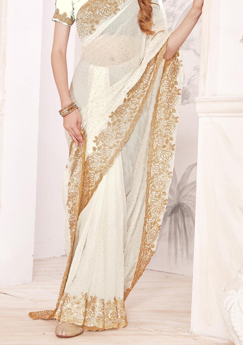 White Sequence Work Silk Saree Set - Indya