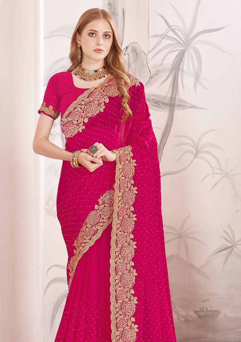Magenta Sequence Work Silk Saree Set - Indya