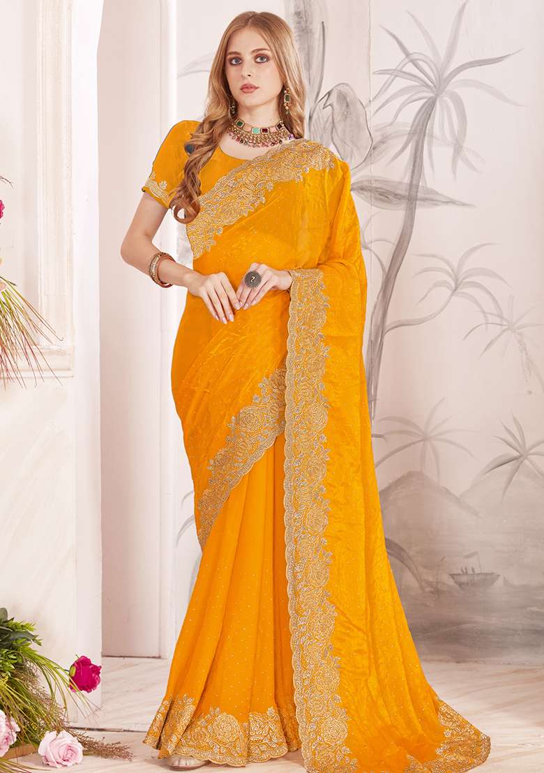 Mustard Sequence Work Silk Blend Saree Set for Diwali | Wedding & Festive Wear - Indya