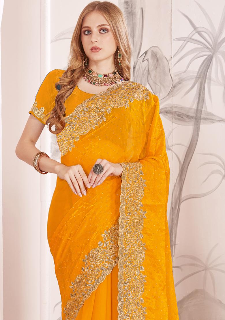 Mustard Sequence Work Silk Saree Set - Indya