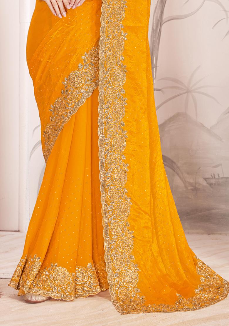 Mustard Sequence Work Silk Saree Set - Indya