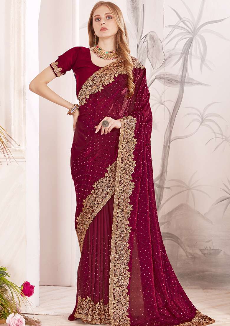 Maroon Sequence Work Silk Blend Saree Set for Diwali | Wedding & Festive Wear - Indya