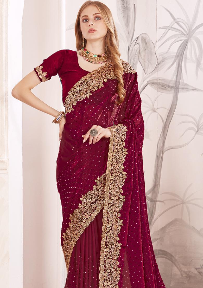Maroon Sequence Work Silk Saree Set - Indya