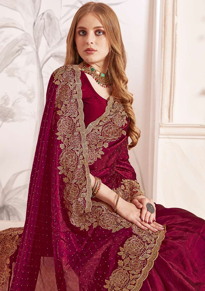 Maroon Sequence Work Silk Blend Saree Set for Diwali | Wedding & Festive Wear - Indya