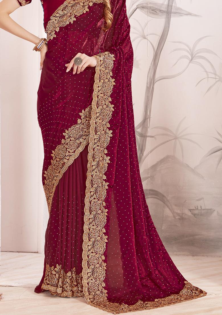 Maroon Sequence Work Silk Saree Set - Indya