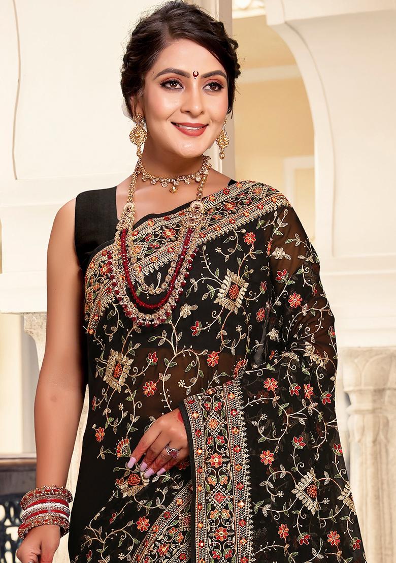 Black Embroidery Georgette Saree Set - Indya
