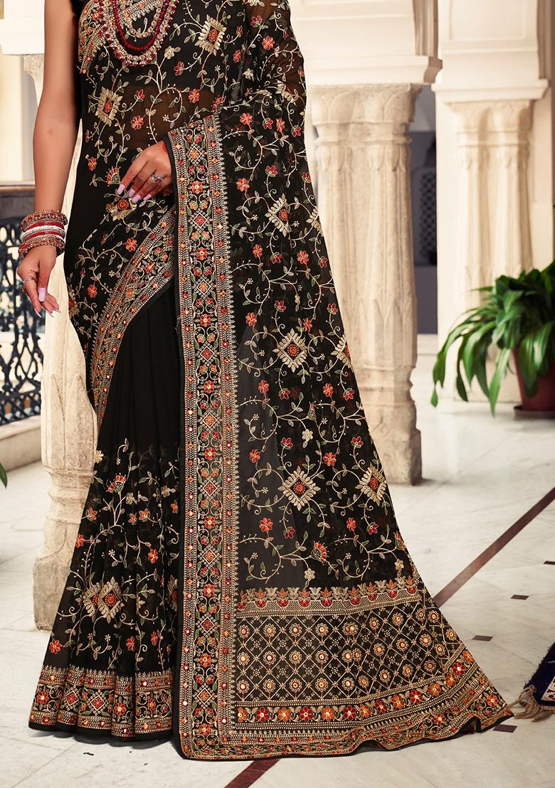 Black Embroidery Georgette Saree Set - Indya