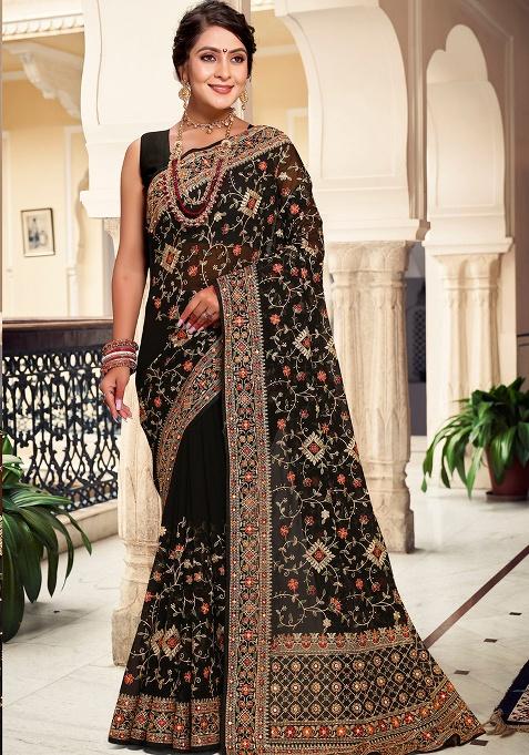 Black Embroidery Georgette Saree Set