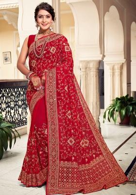 Red Embroidery Georgette Saree Set