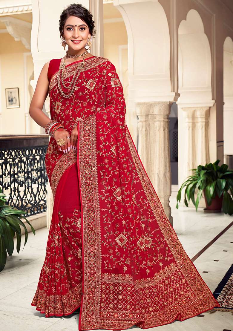 Red Georgette Saree Set with Embroidery for Diwali | Wedding & Festive Wear - Indya