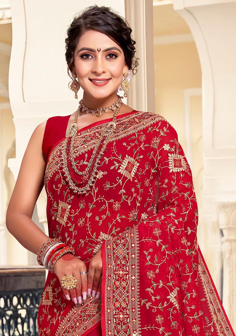 Red Embroidery Georgette Saree Set - Indya