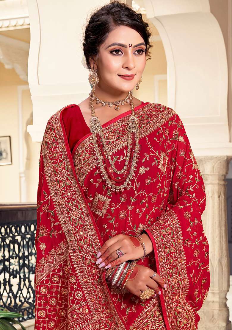 Red Georgette Saree Set with Embroidery for Diwali | Wedding & Festive Wear - Indya
