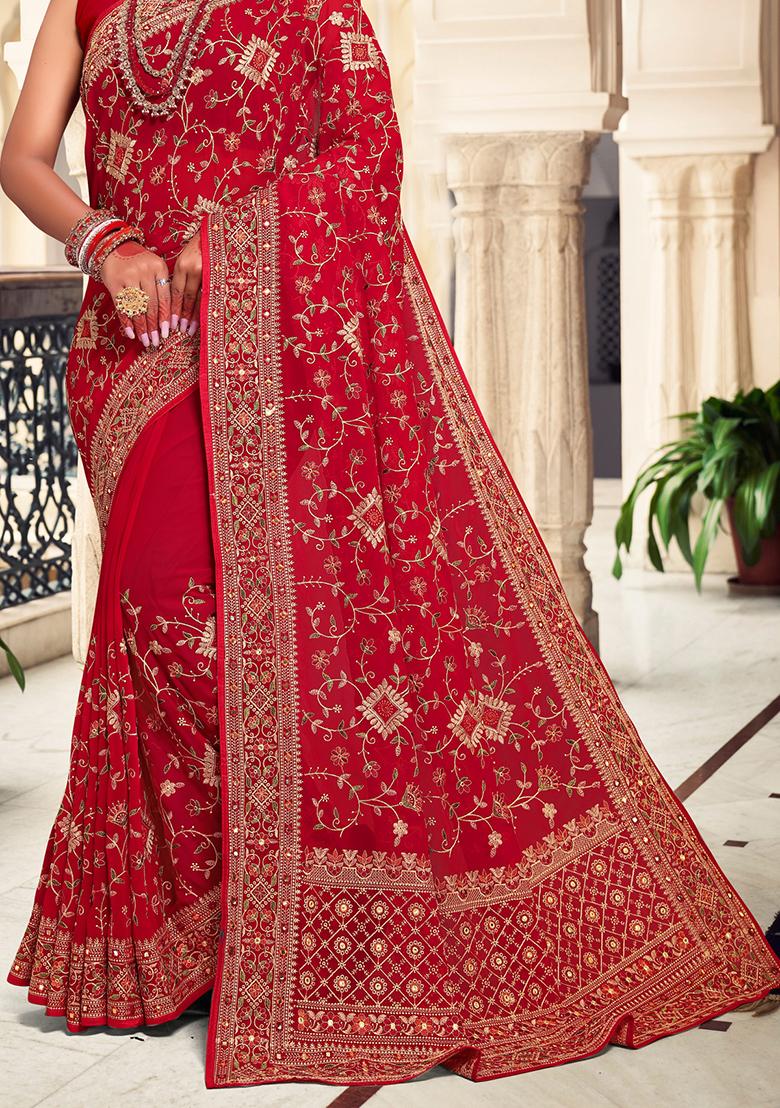 Red Embroidery Georgette Saree Set - Indya