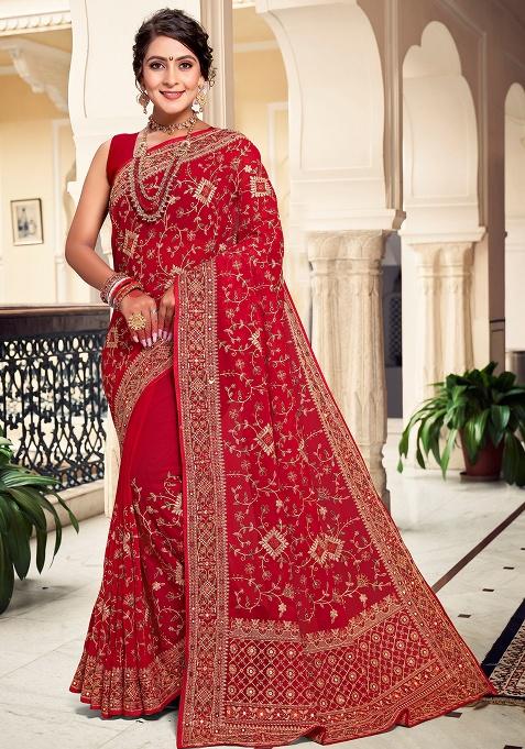 Red Embroidery Georgette Saree Set