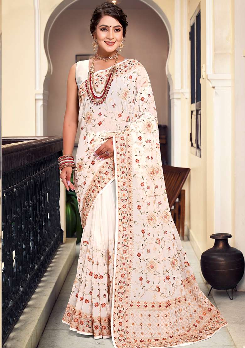 Off White Georgette Saree Set with Embroidery for Diwali | Wedding & Festive Wear - Indya