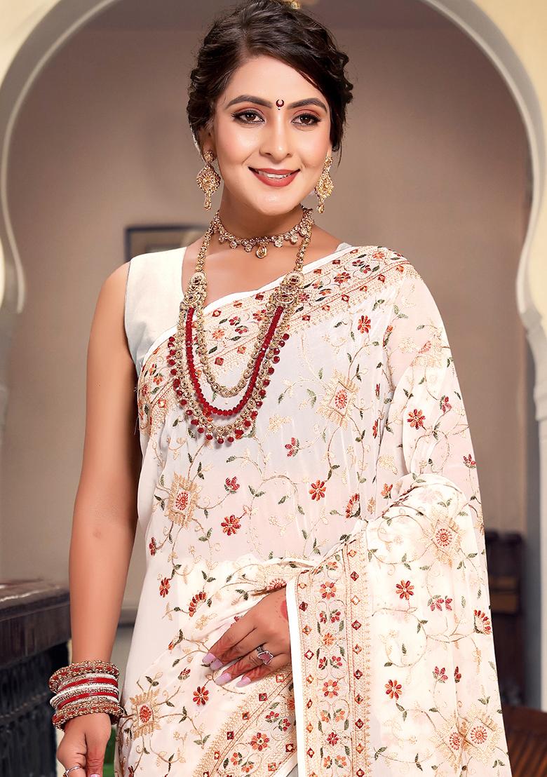 Off White Embroidery Georgette Saree Set - Indya