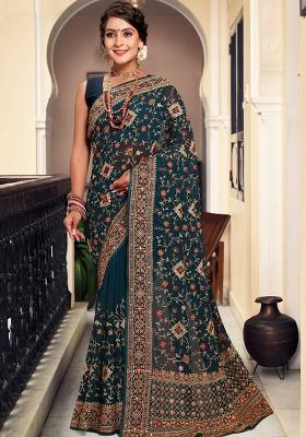 Teal Blue Embroidery Georgette Saree Set