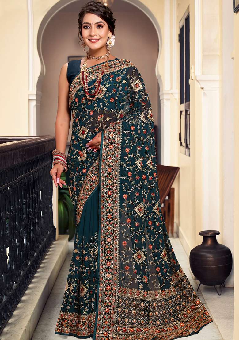 Teal Blue Georgette Saree Set with Embroidery for Diwali | Wedding & Festive Wear - Indya
