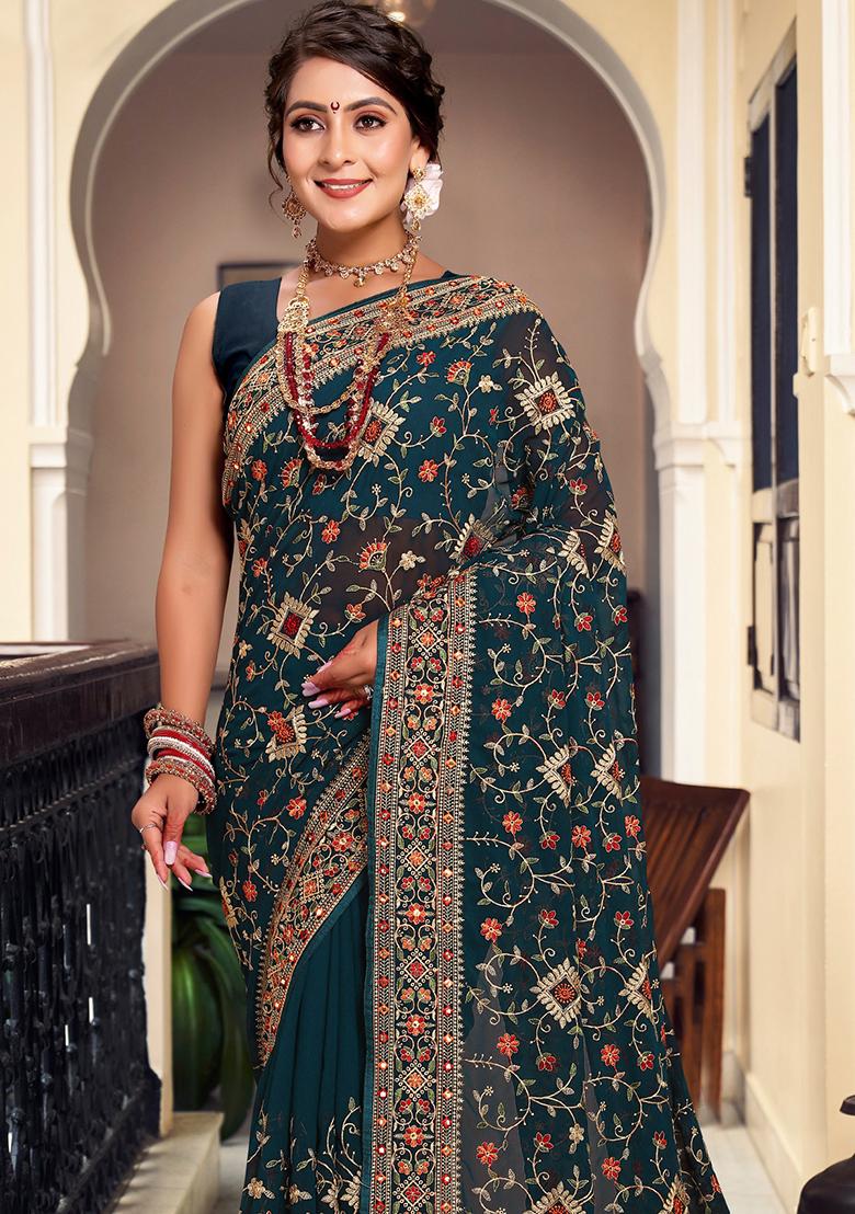 Teal Blue Embroidery Georgette Saree Set - Indya