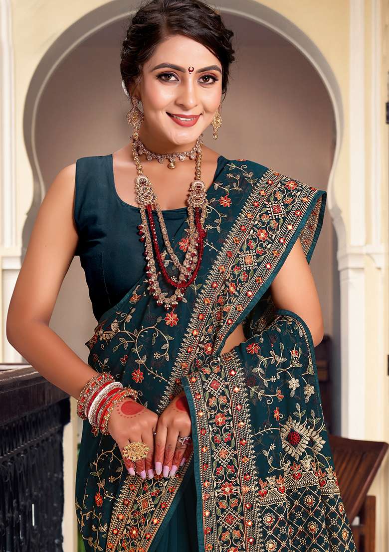 Teal Blue Georgette Saree Set with Embroidery for Diwali | Wedding & Festive Wear - Indya