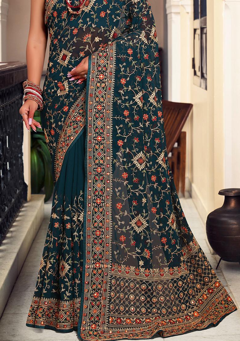 Teal Blue Embroidery Georgette Saree Set - Indya