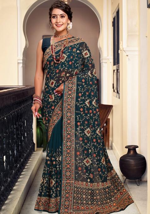 Teal Blue Embroidery Georgette Saree Set