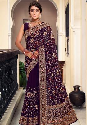 Purple Embroidery Georgette Saree Set