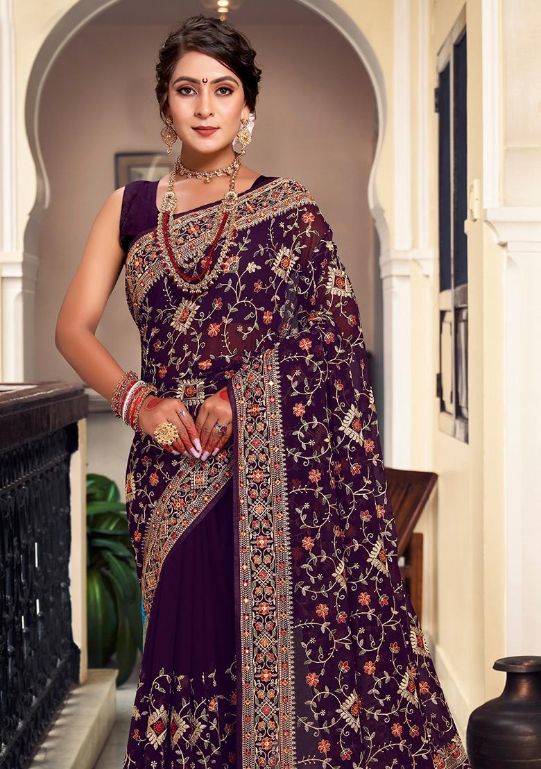 Purple Embroidery Georgette Saree Set - Indya