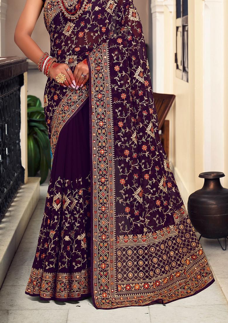 Purple Embroidery Georgette Saree Set - Indya