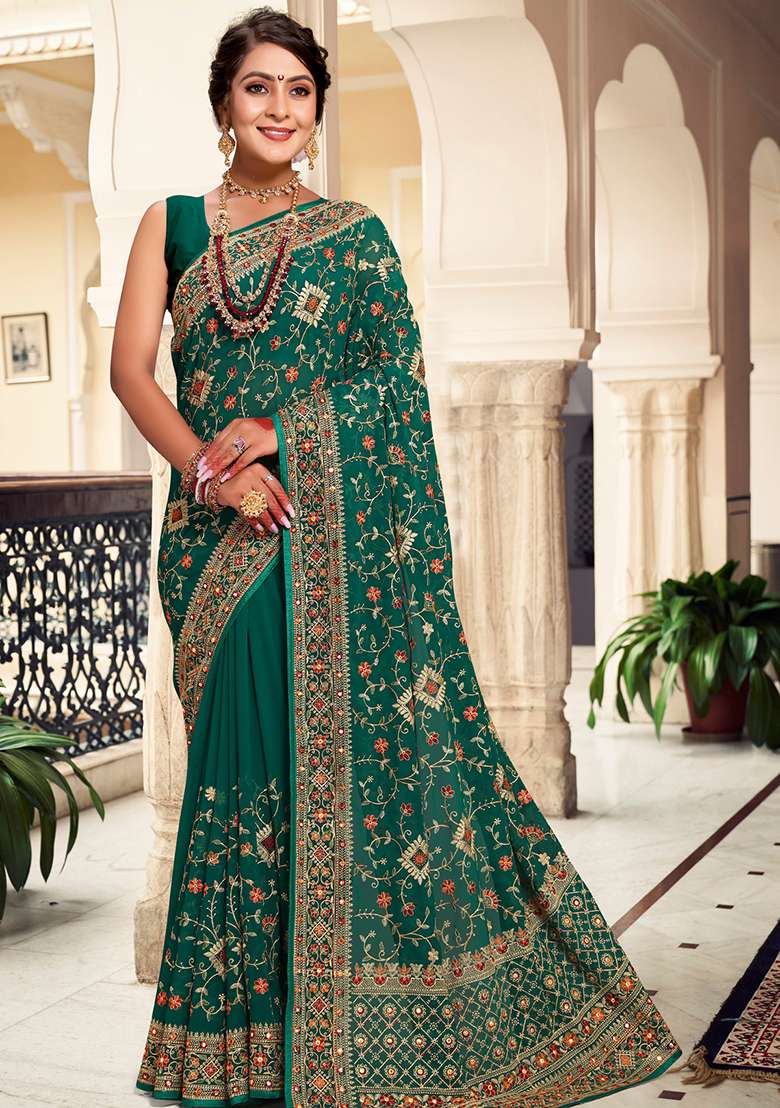 Green Embroidery Georgette Saree Set for Diwali and Festive Wear - Indya