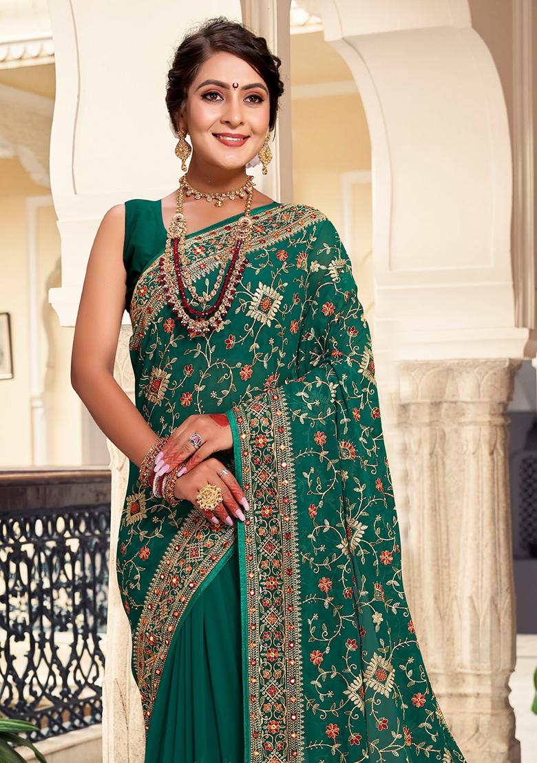 Green Embroidery Georgette Saree Set - Indya