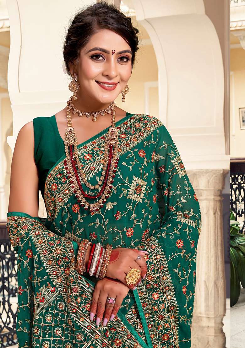 Green Embroidery Georgette Saree Set for Diwali and Festive Wear - Indya