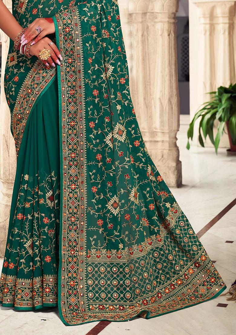 Green Embroidery Georgette Saree Set - Indya